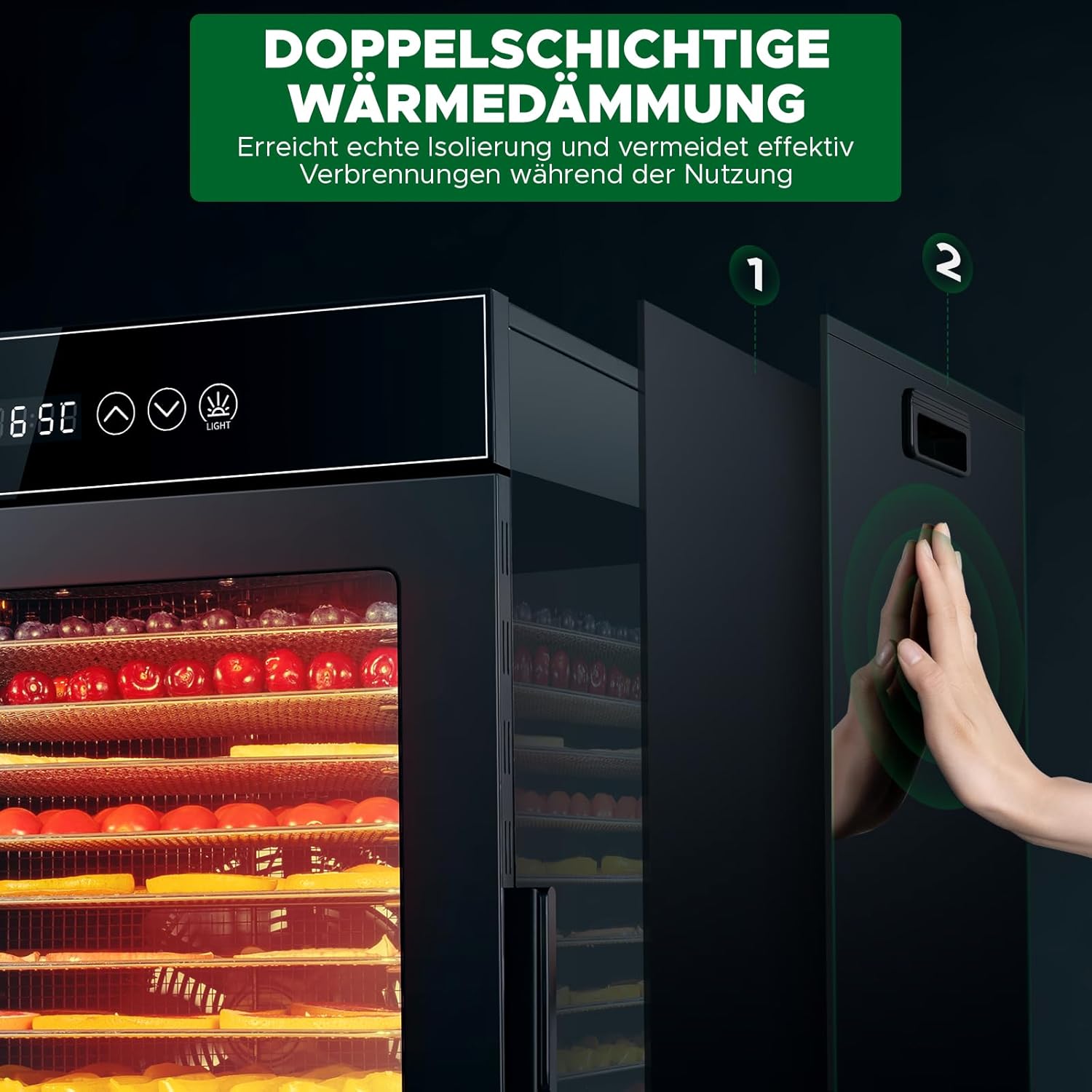 Kwasyo Dörrautomat Edelstahl, Dörrgerät 12 Etagen Ganz in Schwarz, 30-90℃ Temperaturregelung, 24 Stunden Timer, Rezeptheft für Fleisch Obst Gemüse Kräuter, 1000W, LT-09