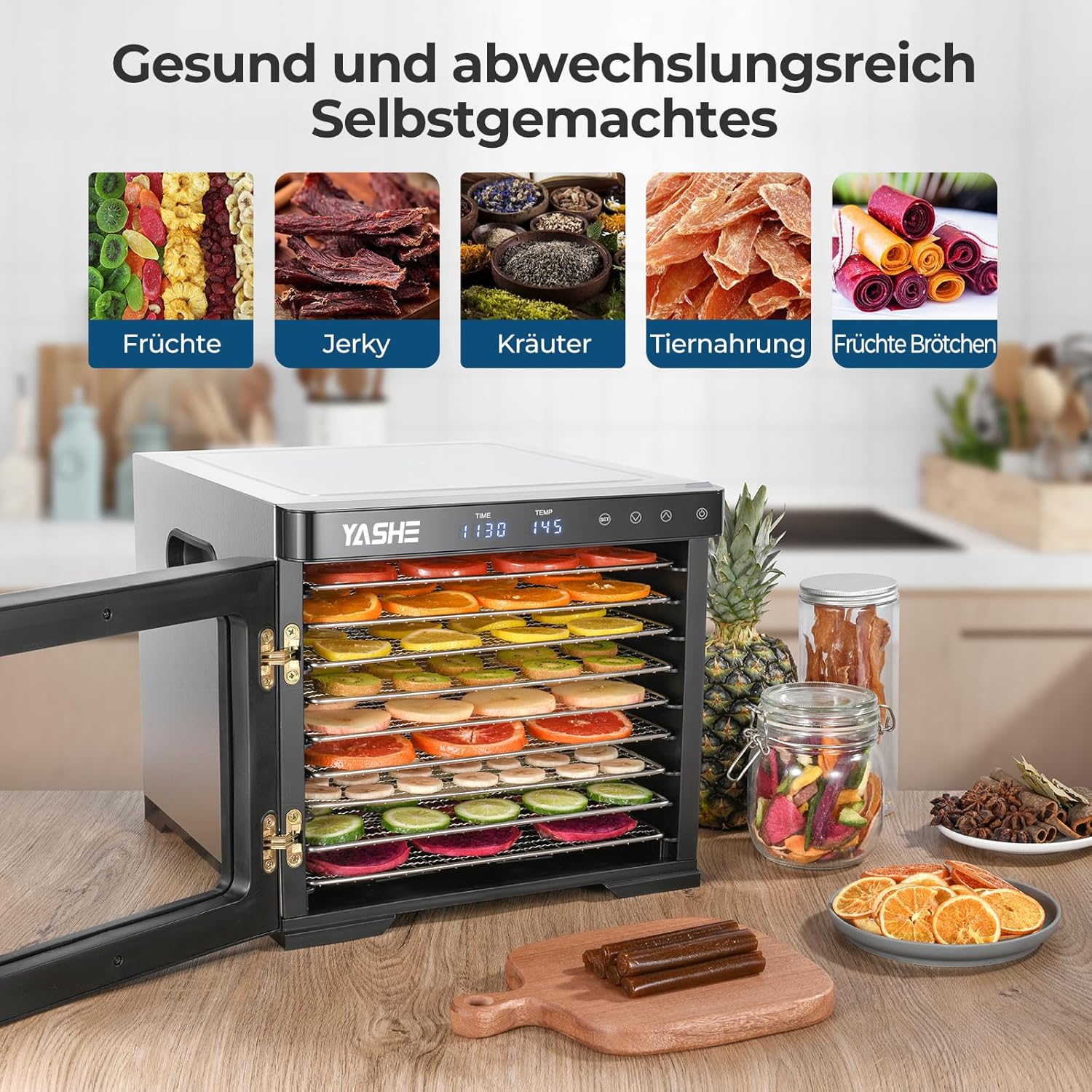 Edelstahl Dörrautomat, 1000W Dörrgerät für Obst und Gemüse mit LED-Anzeige, präziser Temperaturregelung (35-75°C), 48-Stunden-Timer, 9 Edelstahlschalen, 2 Maschensiebe, 1 Schale für Obstrollen