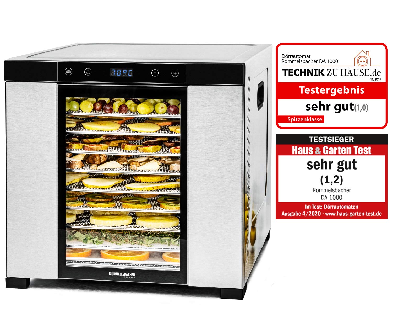 ROMMELSBACHER Dörrautomat DA 1000, XXL-Dörrfläche 1,6 m², inkl. 10 Edelstahl-Dörrtabletts, 2 Dörrgitter, 2 Dörrmatten, LED-Display, 24 Std. Zeitschaltuhr, Temperatur einstellbar (35 °C – 75 °C)