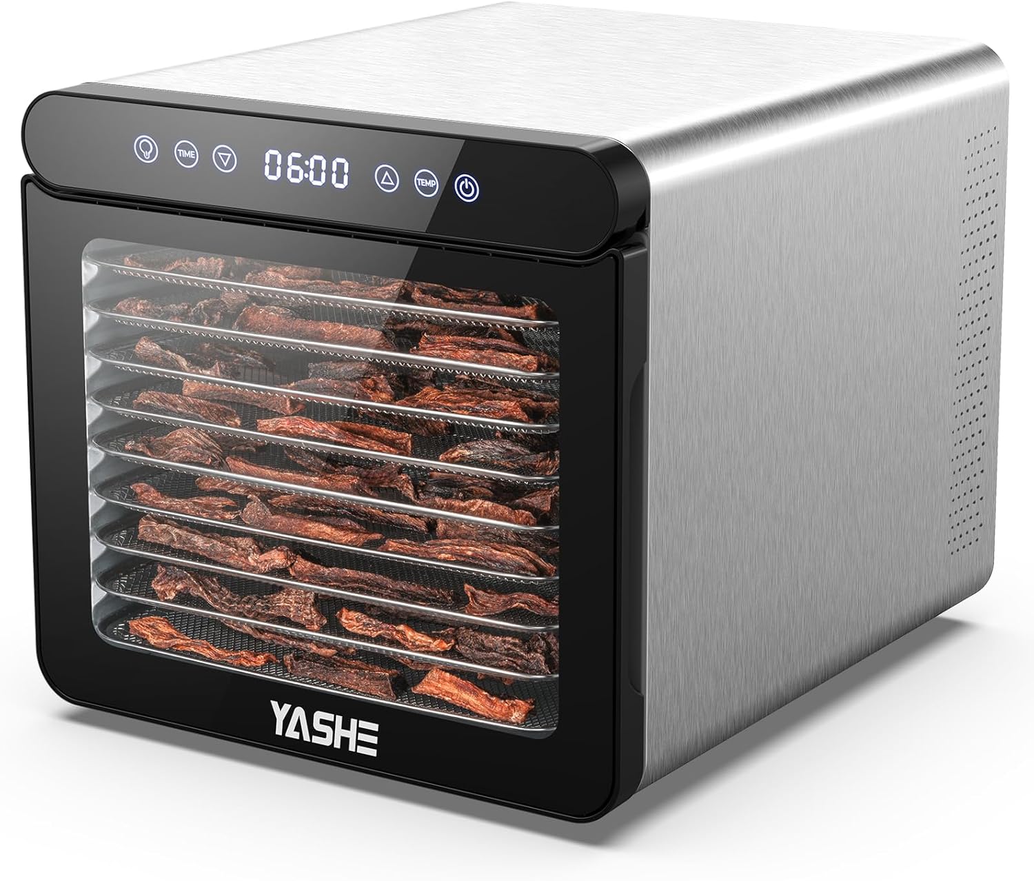 YASHE Stainless Steel Dehydrator with Digital Control (Temperature up to 75°C, Timer up to 48 Hours), 9 Trays Dehydrator for Fruit and Vegetables, Rear Fan for 360° Air Circulation, 800 W