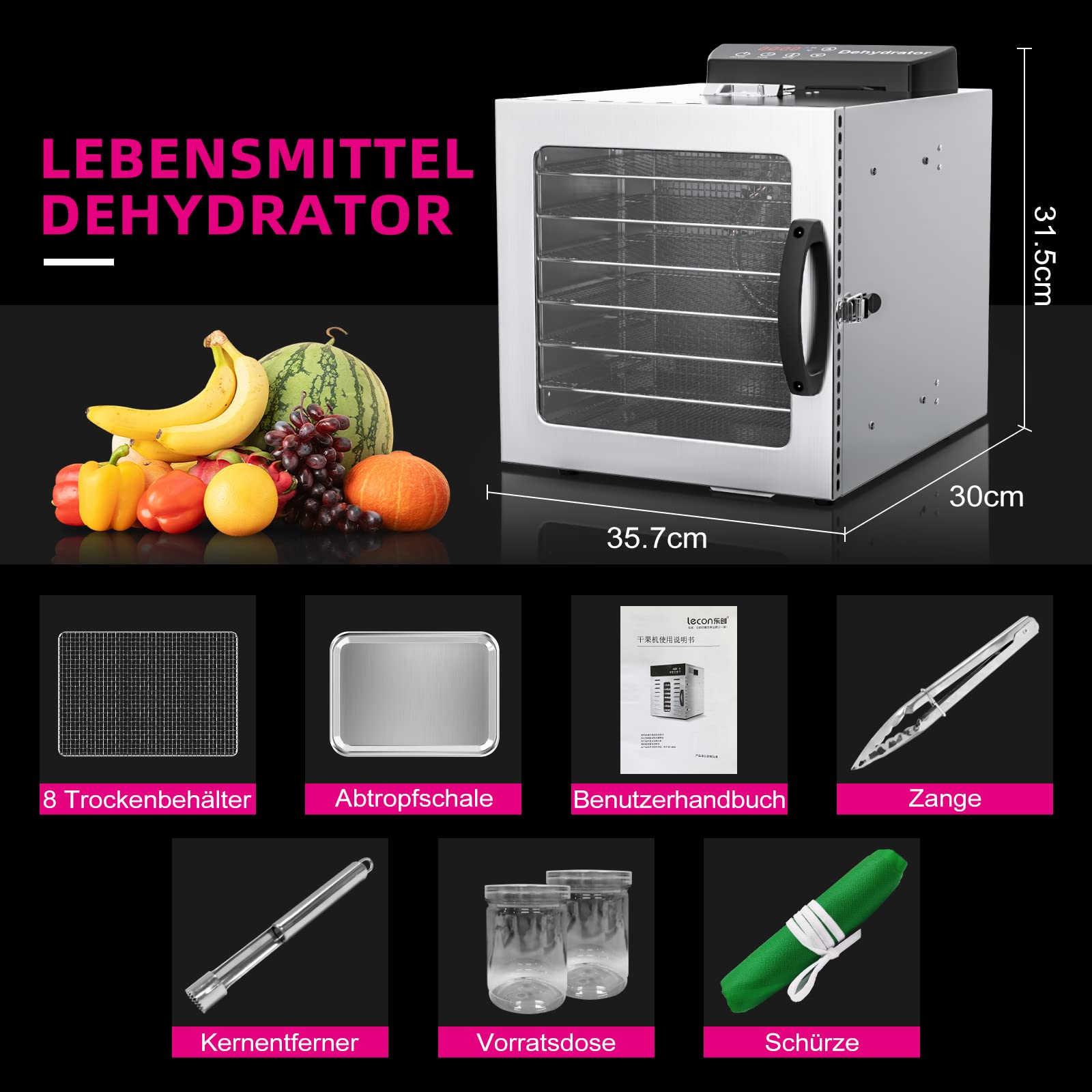 Lecon Dehydrator Stainless Steel Dehydrator Food 30-90°C, 24-Hour Timer Dehydrator for Food, Meat, Fruit, Vegetable Dryer, Fruit Dryer, Dehydrator with Apron, Sealed Tank (8 Levels)