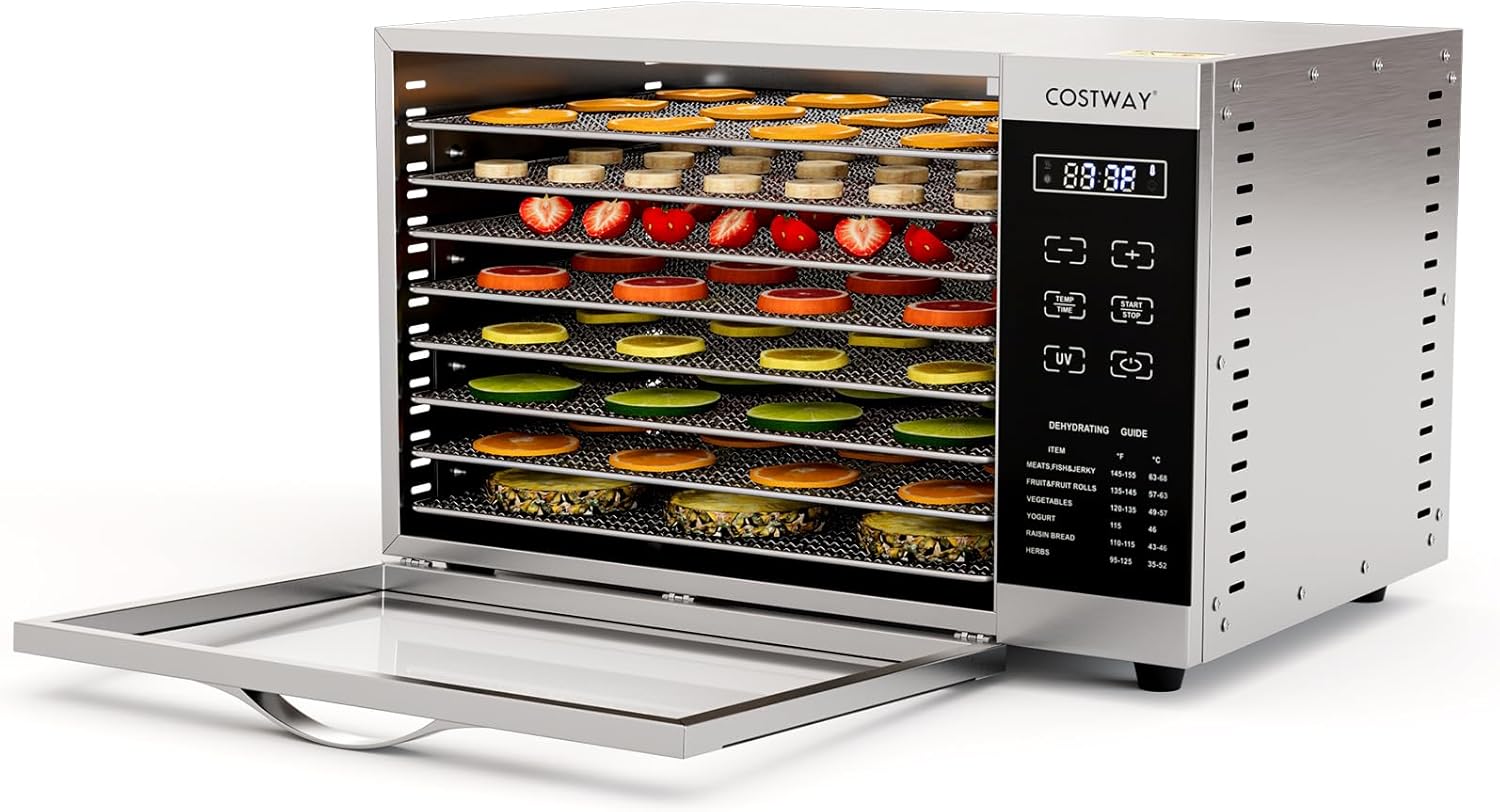 COSTWAY Dehydrator with 8 Grid Trays, 620W Dehydrator 30-70°C Temperature Control & 24H Timer, Overheating & Overload Protection, Food Dryer for Fruit, Meat, Vegetables