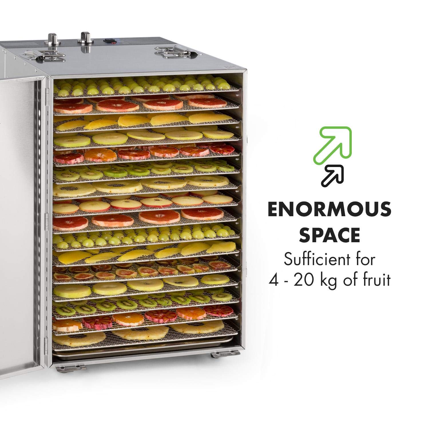 Klarstein Dörrautomat Edelstahl – 4.000-W-Dörrgerät, 48 Edelstahl-Einlegeböden, 30–90 °C, 24-Stunden-Timer, 6 Ventilatoren, 2 Trockenkammern, 50–55 dB, ideal für Obst, Gemüse, Fleisch, Kräuter, Silber