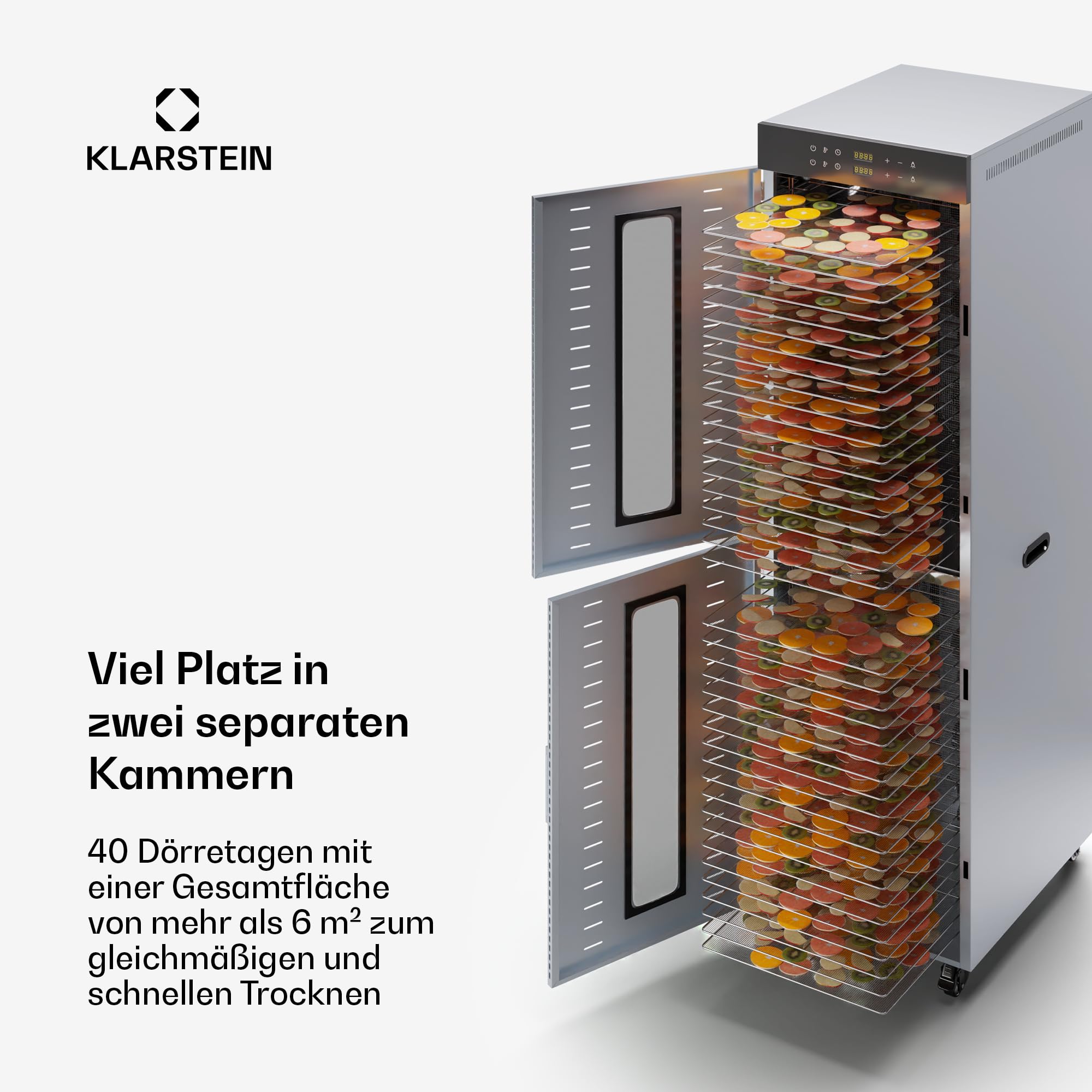 Klarstein Dörrautomat Edelstahl – 4.000-W-Dörrgerät, 48 Edelstahl-Einlegeböden, 30–90 °C, 24-Stunden-Timer, 6 Ventilatoren, 2 Trockenkammern, 50–55 dB, ideal für Obst, Gemüse, Fleisch, Kräuter, Silber